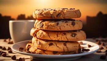 ai generato fatti in casa cioccolato patata fritta biscotti su di legno tavolo, pronto per mangiare indulgenza generato di ai foto