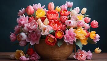 ai generato un' bellissimo mazzo di fresco fiori nel un' rosa vaso generato di ai foto