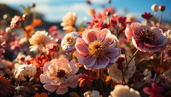 ai generato vivace fiori fiorire nel natura prato, in mostra bellezza e crescita generato di ai foto