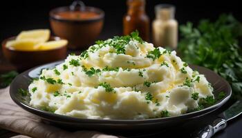 ai generato appena preparato schiacciato patate con biologico erbe aromatiche su un' rustico tavolo generato di ai foto