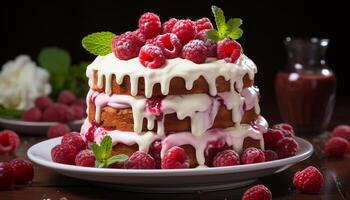 ai generato fatti in casa buongustaio dolce lampone torta di formaggio con frustato crema e frutti di bosco generato di ai foto