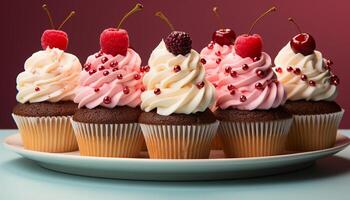 ai generato un' piatto di colorato cupcakes, un' dolce fatti in casa celebrazione generato di ai foto