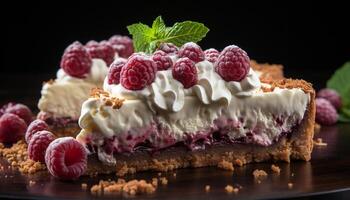 ai generato fatti in casa buongustaio dolce lampone torta di formaggio con cioccolato e frustato crema generato di ai foto