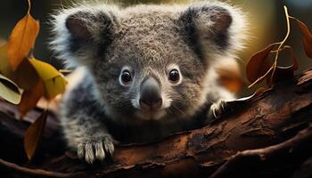 ai generato carino koala seduta su ramo, guardare a telecamera nel foresta generato di ai foto