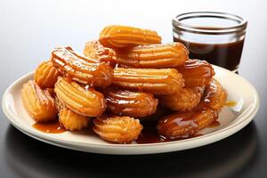 ai generato churros e cioccolato salsa in piedi su un' piatto isolato bianca sfondo foto