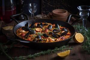 ai generato frutti di mare paella.chiudi su Visualizza foto