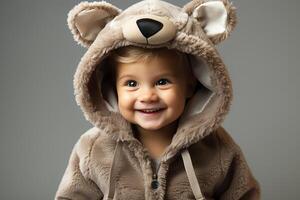 ai generato ritratto di un' bambino bambino indossare un' orso costume su isolato sfondo foto