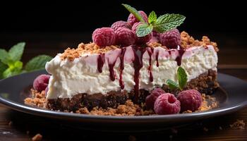 ai generato fatti in casa lampone torta di formaggio con fresco frutta e frustato crema generato di ai foto