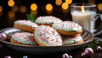 ai generato fatti in casa buongustaio dolce fresco al forno cioccolato ciambella con fragola glassatura generato di ai foto