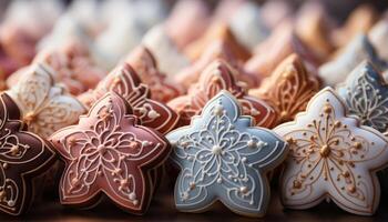 ai generato fatti in casa biscotti, un' dolce regalo, decorato con ornato i fiocchi di neve generato di ai foto