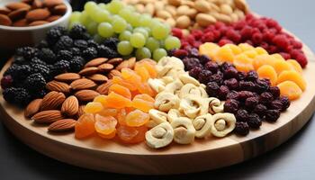 ai generato salutare mangiare un' ciotola di fresco, Multi colorato frutta variazione generato di ai foto
