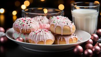 ai generato fatti in casa dolce dolce, cioccolato ciambella su un' rosa piatto generato di ai foto