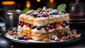 ai generato fatti in casa buongustaio dolce dolce bacca torta di formaggio con frustato crema generato di ai foto