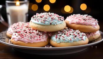 ai generato fatti in casa dolce tavolo cioccolato ciambella, fragola crema, colorato decorazioni generato di ai foto