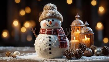 ai generato pupazzo di neve decorazione porta inverno celebrazione con raggiante Natale luci generato di ai foto