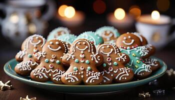 ai generato fatti in casa Pan di zenzero biscotti decorare il festivo inverno dolce tavolo generato di ai foto