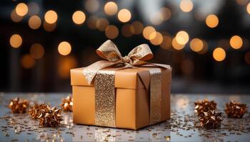 ai generato luminosa oro scatola avvolto nel brillante Natale decorazione generato di ai foto