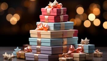 ai generato Natale celebrazione regalo scatola, decorazione, avvolto nel brillante involucro carta generato di ai foto