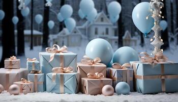 ai generato inverno celebrazione regalo scatola, fiocco di neve decorazione, illuminato albero, gioioso evento generato di ai foto