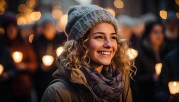 ai generato sorridente giovane donna nel inverno, godendo il illuminato città luci generato di ai foto