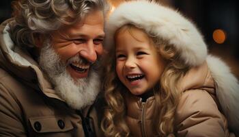 ai generato sorridente famiglia abbraccia inverno, festeggiare amore e solidarieta all'aperto generato di ai foto