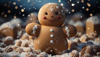 ai generato inverno pupazzo di neve porta gioia con biscotti e caramella decorazioni generato di ai foto