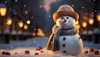 ai generato sorridente pupazzo di neve porta inverno gioia con raggiante Natale luci generato di ai foto