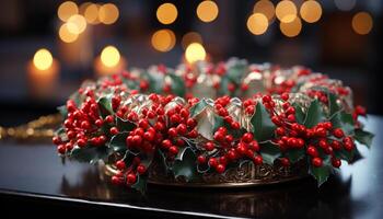 ai generato Natale albero raggiante con lume di candela, ornato con agrifoglio e ornamenti generato di ai foto