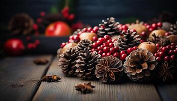 ai generato di legno tavolo con rustico Natale decorazioni e fatti in casa bacca biscotti generato di ai foto