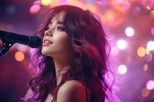 ai generato giovane affascinante asiatico k-pop idolo ragazza su palcoscenico cantando in un' microfono su luminosa concerto illuminazione sfondo foto