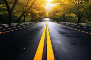 ai generato serenità nel movimento campagna strada con alberi e giallo linea foto