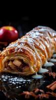 ai generato allettante dolce delizioso Mela strudel presentata su un' buio sfondo verticale mobile sfondo foto