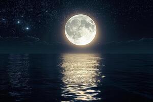 ai generato Visualizza pieno Luna riflessa su il mare, stelle riempire il cielo foto