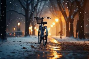 ai generato inverno notte cavalcata bicicletta nel parco con nevicata ambiance foto