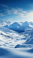 ai generato tranquillo inverno paesaggio si svolge, montagne ornato nel incontaminato bianca neve verticale mobile sfondo foto