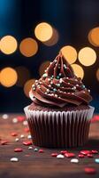 ai generato cioccolato tentazione Cupcake su di legno tavolo con cuore sagomato bokeh verticale mobile sfondo foto