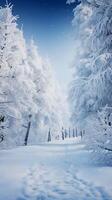 ai generato inverno Paese delle meraviglie congelato foresta scena con neve coperto alberi verticale mobile sfondo foto