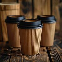 ai generato sostenibile sorsi riutilizzabile caffè tazze su rustico di legno tavolo, testo pronto per sociale media inviare dimensione foto