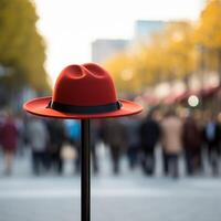 ai generato rosso cappello si apre su palo, un' spicca nel vivace folla per sociale media inviare dimensione foto