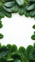 ai generato frondoso confine bellezza verde plumeria foglia telaio su bianca sfondo verticale mobile sfondo foto