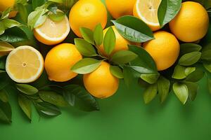 ai generato agrume freschezza limoni e arance con le foglie su verde fondale foto