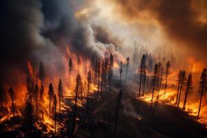 ai generato natura nel pericolo energia fuoco con Fumo inghiottire il foresta foto