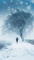 ai generato solitudine nel neve solitario figura su un' nevoso inverno sfondo verticale mobile sfondo foto