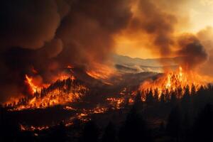 ai generato wildfire Dramma montagne consumato di fiamme nel un' giorno inferno foto