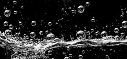ai generato bibita acqua bolle spruzzi subacqueo contro nero sfondo. foto