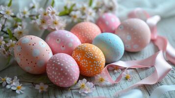 ai generato Pasqua uova di pastello colori. leggero di legno superficie, primavera fiori, e raso nastri. ai generato foto