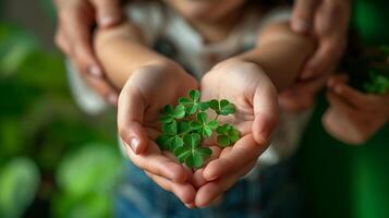 ai generato di famiglia mani, giovane e vecchio, Tenere st. Patrick giorno quattro foglie trifogli. ai generato foto