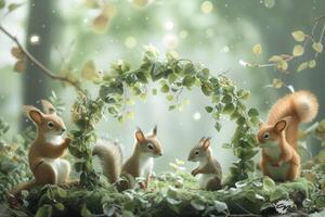 ai generato verde le foglie Casa di foresta gli amici, scoiattolo, riccio, e Volpe per il sinistra foto
