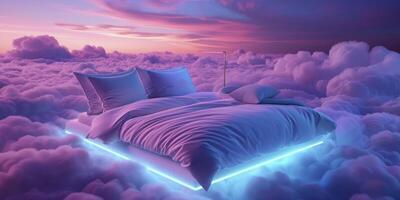 ai generato un' confortevole letto galleggiante nel il nuvole, illuminato con leggero blu e viola neon tinte foto