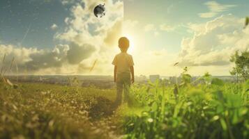 ai generato clima modificare urto visualizzato con un' bambino contemplando futuro ambientale sfide, con un' lussureggiante verde campo bagnata nel luce del sole. foto